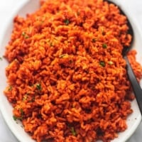 close up mexican spanish rice with a spoon