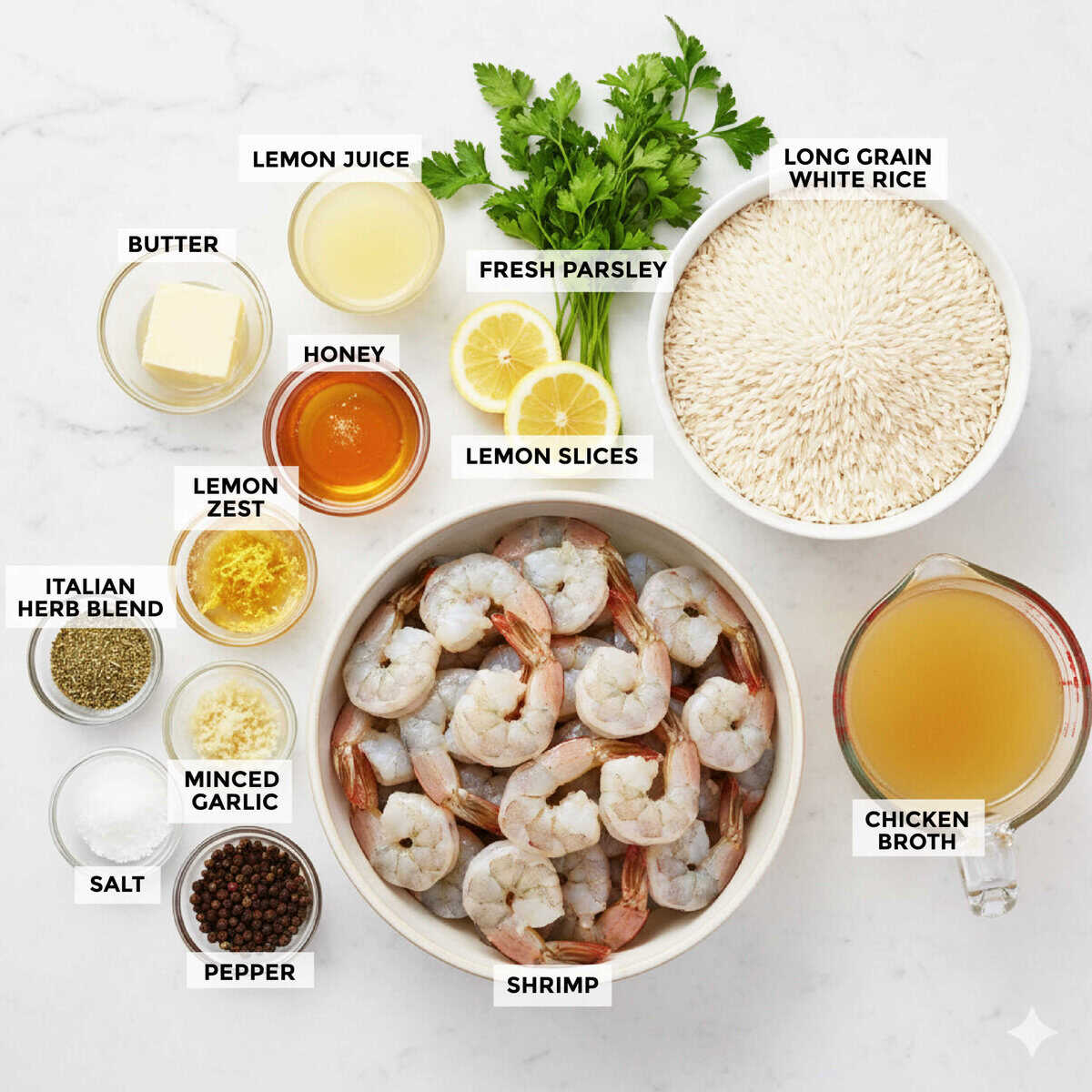 Lemon garlic shrimp and rice skillet ingredients.