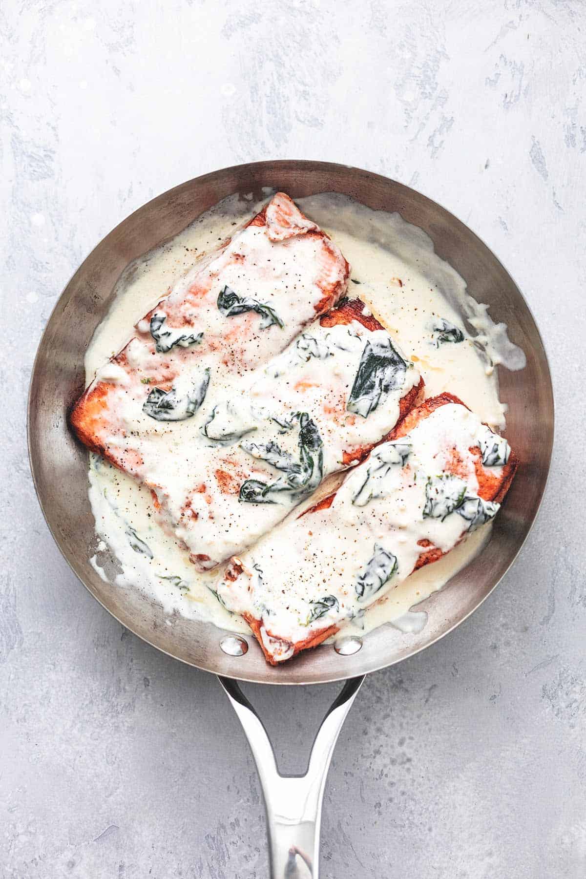 salmon florentine in a skillet