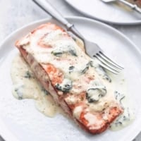 salmon florentine with a fork on a plate