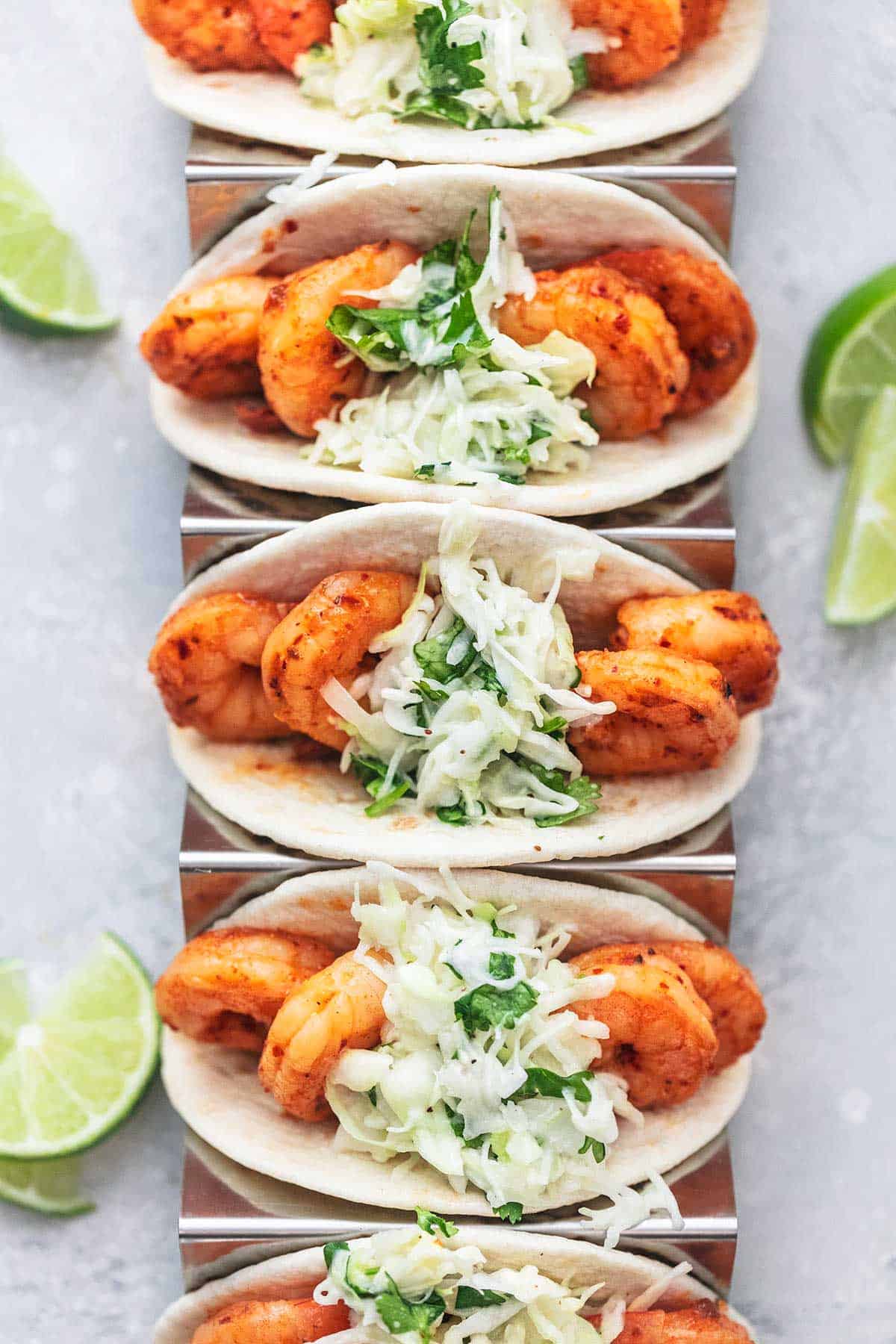 top view of shrimp tacos with coleslaw