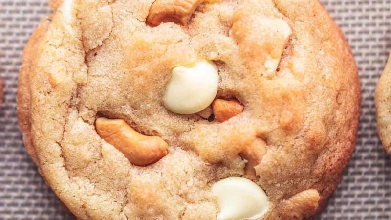 white chocolate chip and cashew cookie up close