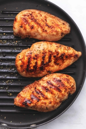 chicken breasts on a grill pan