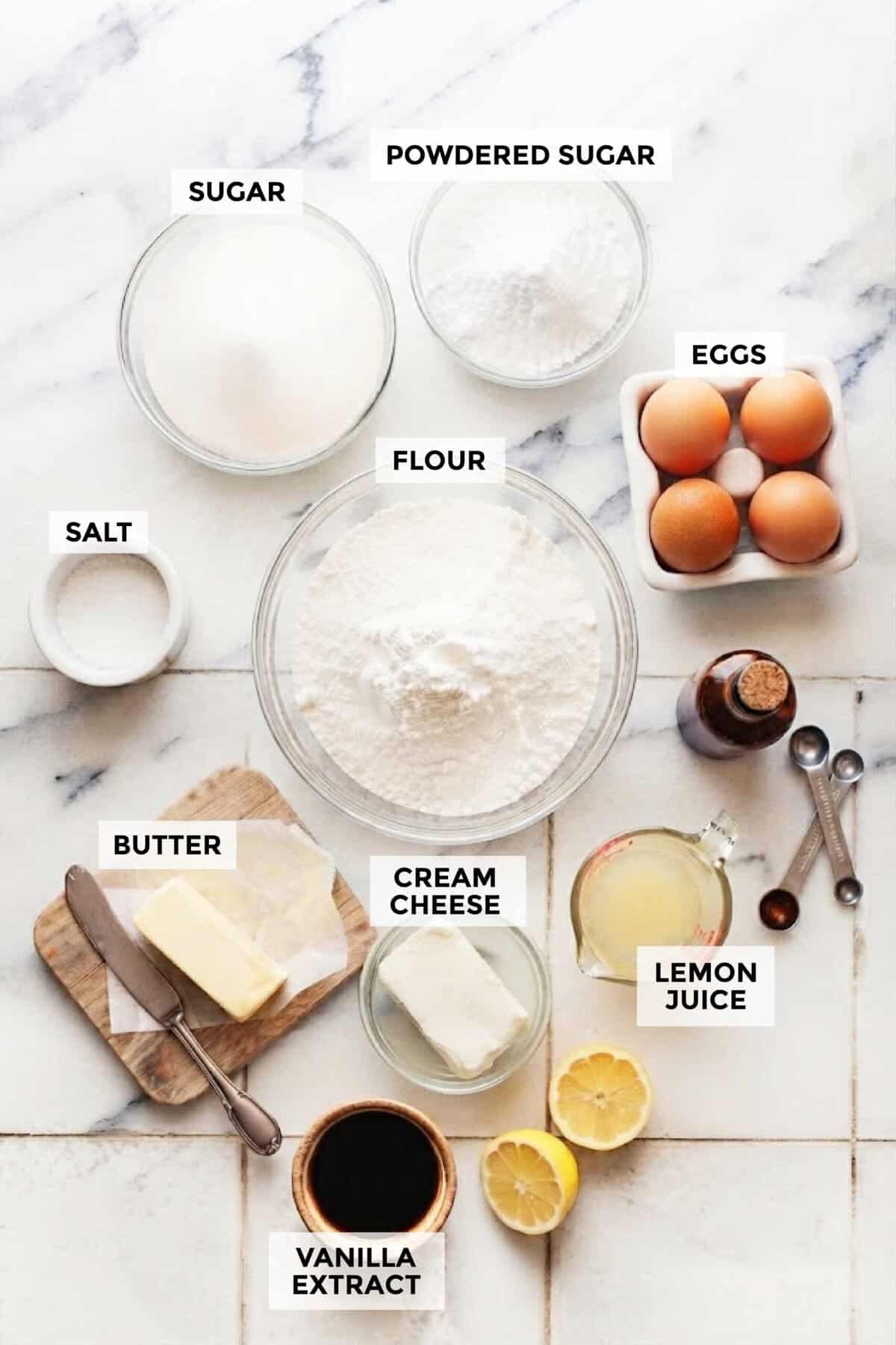 Ingredients for making cream cheese lemon bars.