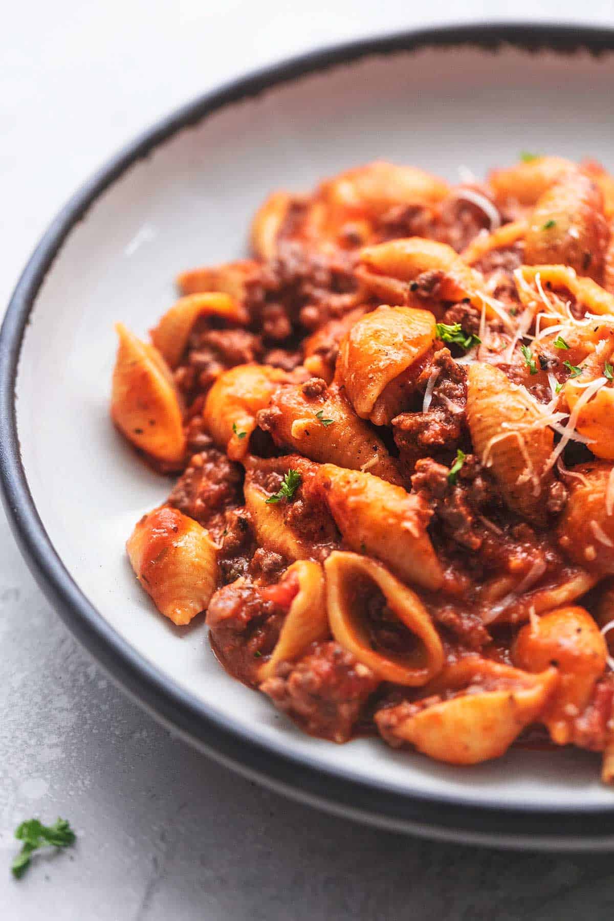 close up of instant pot ground beef pasta on a plate.