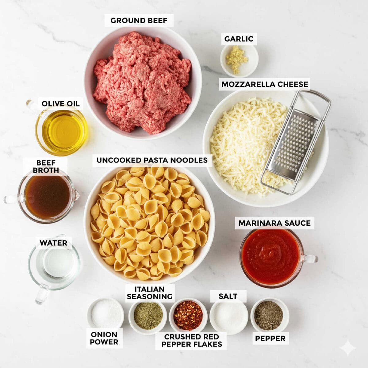 Ingredients for ground beef pasta in instant pot recipe.