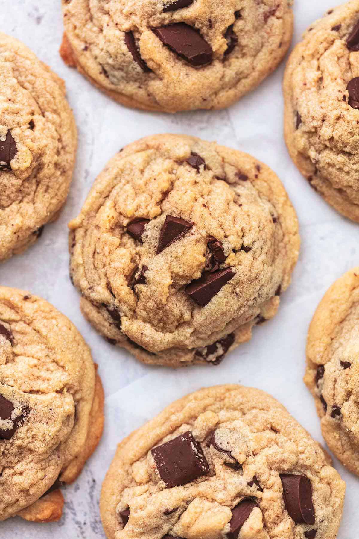 close up top view of peanut butter chocolate chunk cookies.