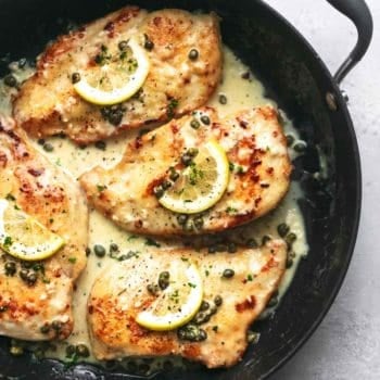 overhead lemon chicken piccata in skillet