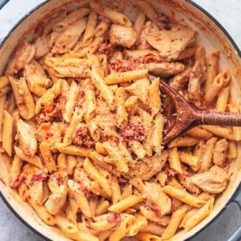 penne pasta in skillet