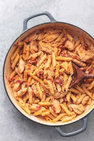 penne pasta in skillet