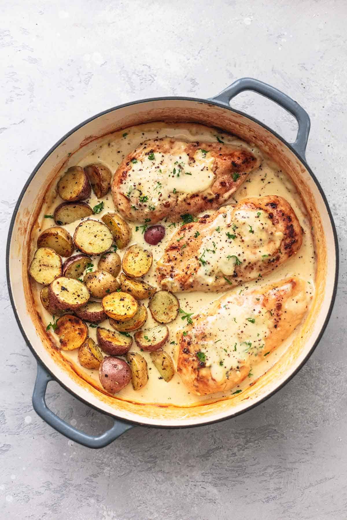 chicken and potatoes with cream sauce in skillet overhead
