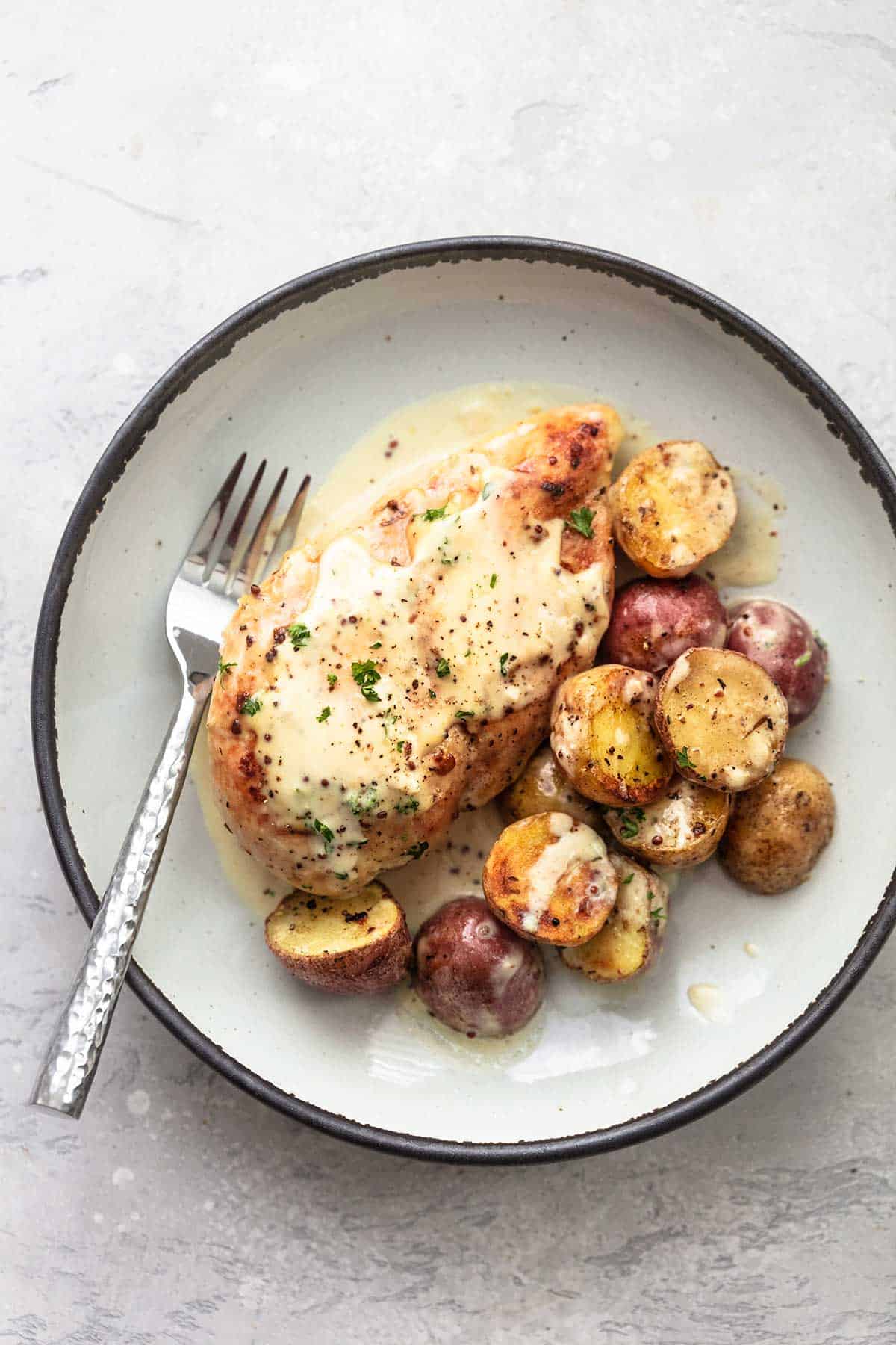 overhead chicken and potatoes with fork 