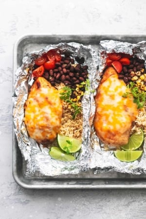 overhead chicken foil packets on tray