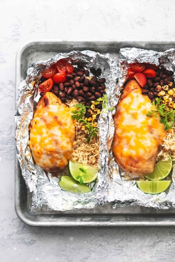overhead chicken foil packets on tray