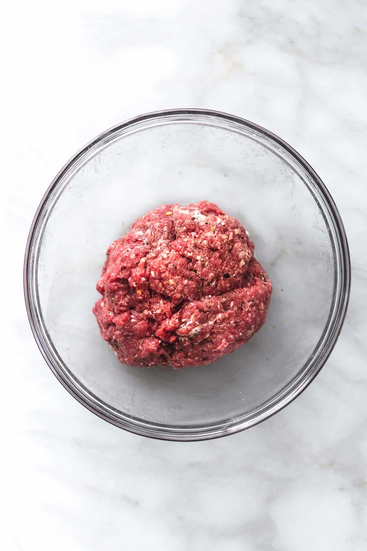 top view of ground beef in a bowl.