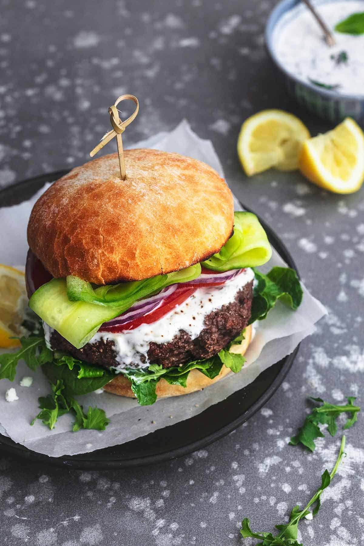 overhead hamburger on plate