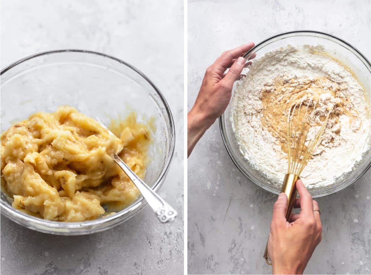side by side images of mashed bananas and cinnamon swirl banana muffin batter in glass bowls.