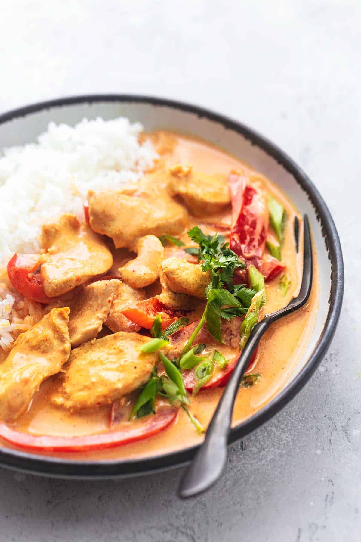close up of Thai chicken curry with coconut milk with rice in a bowl with a fork.