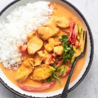 thai curry overhead in bowl with rice and fork