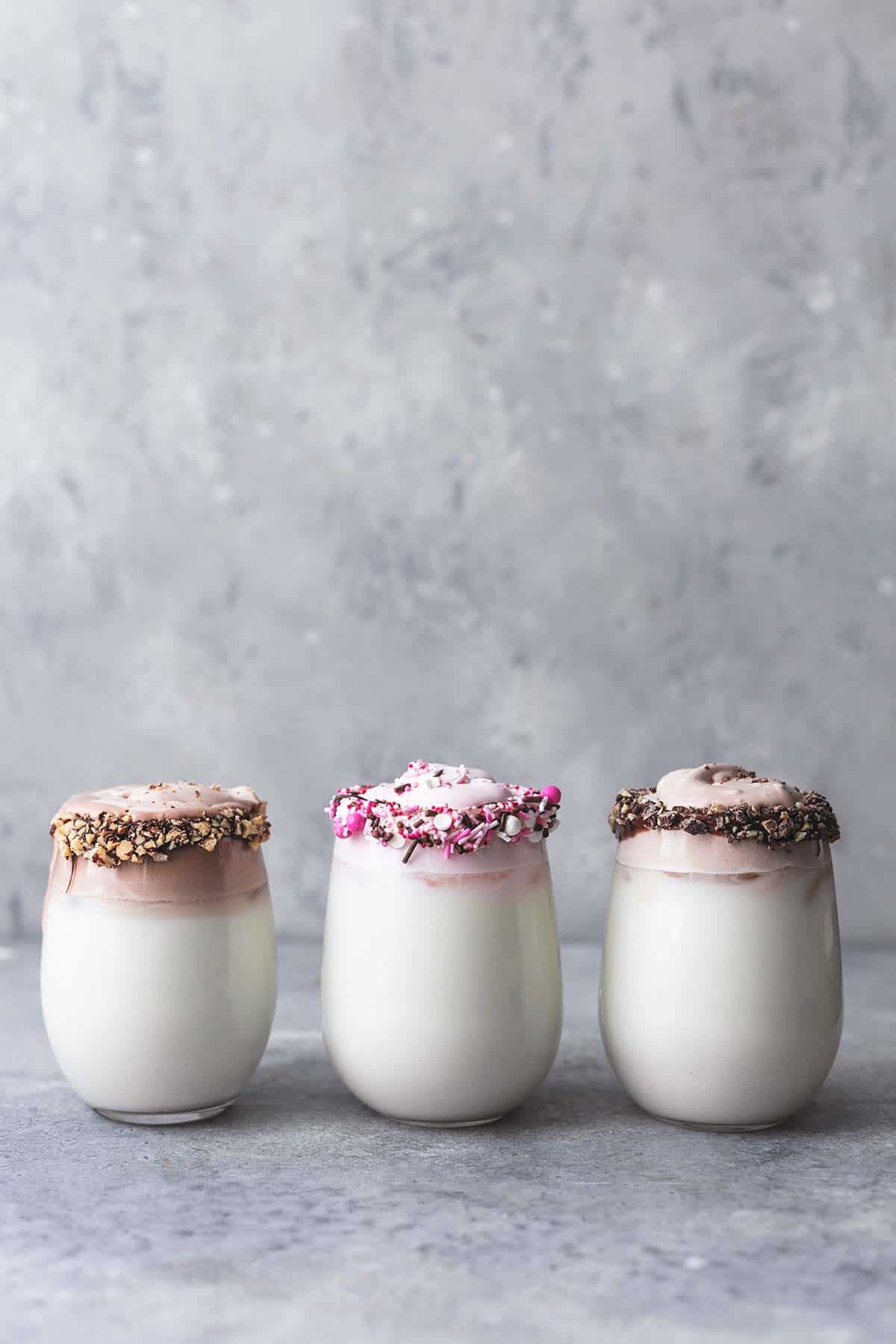 three glasses of whipped milk: three ways.