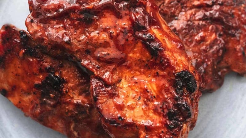 up close bbq pork chops on plate