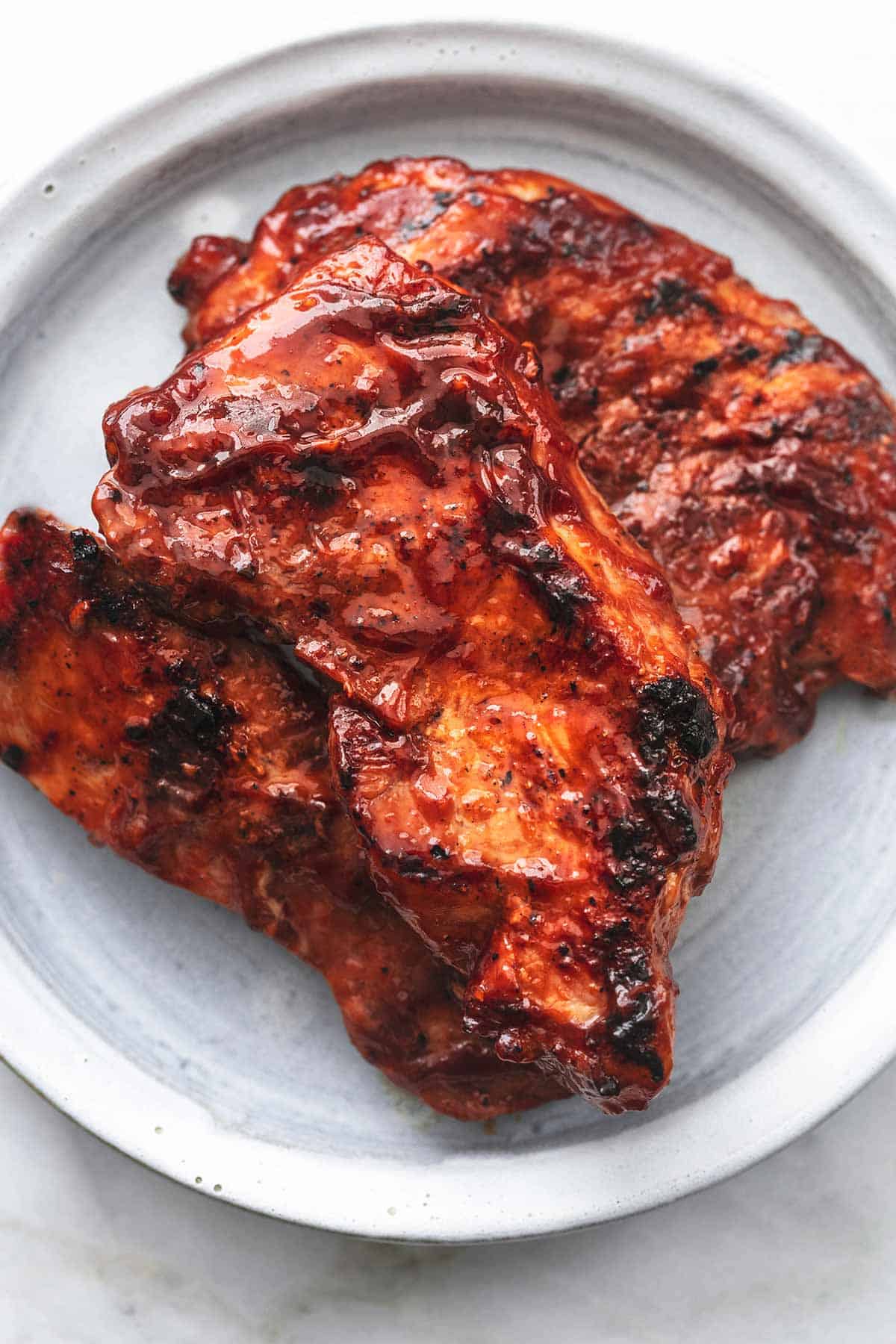 up close bbq pork chops on plate