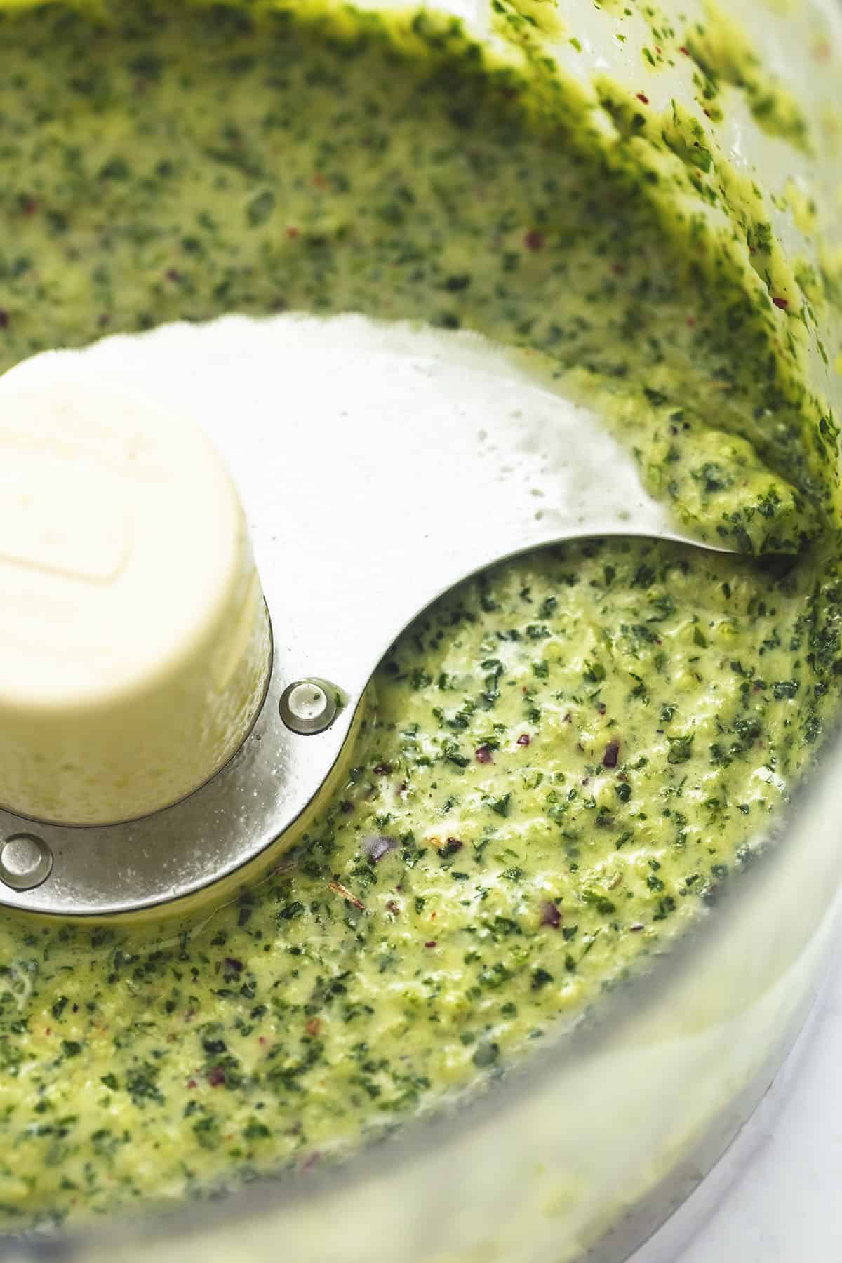 up close chimichurri sauce inside food processor