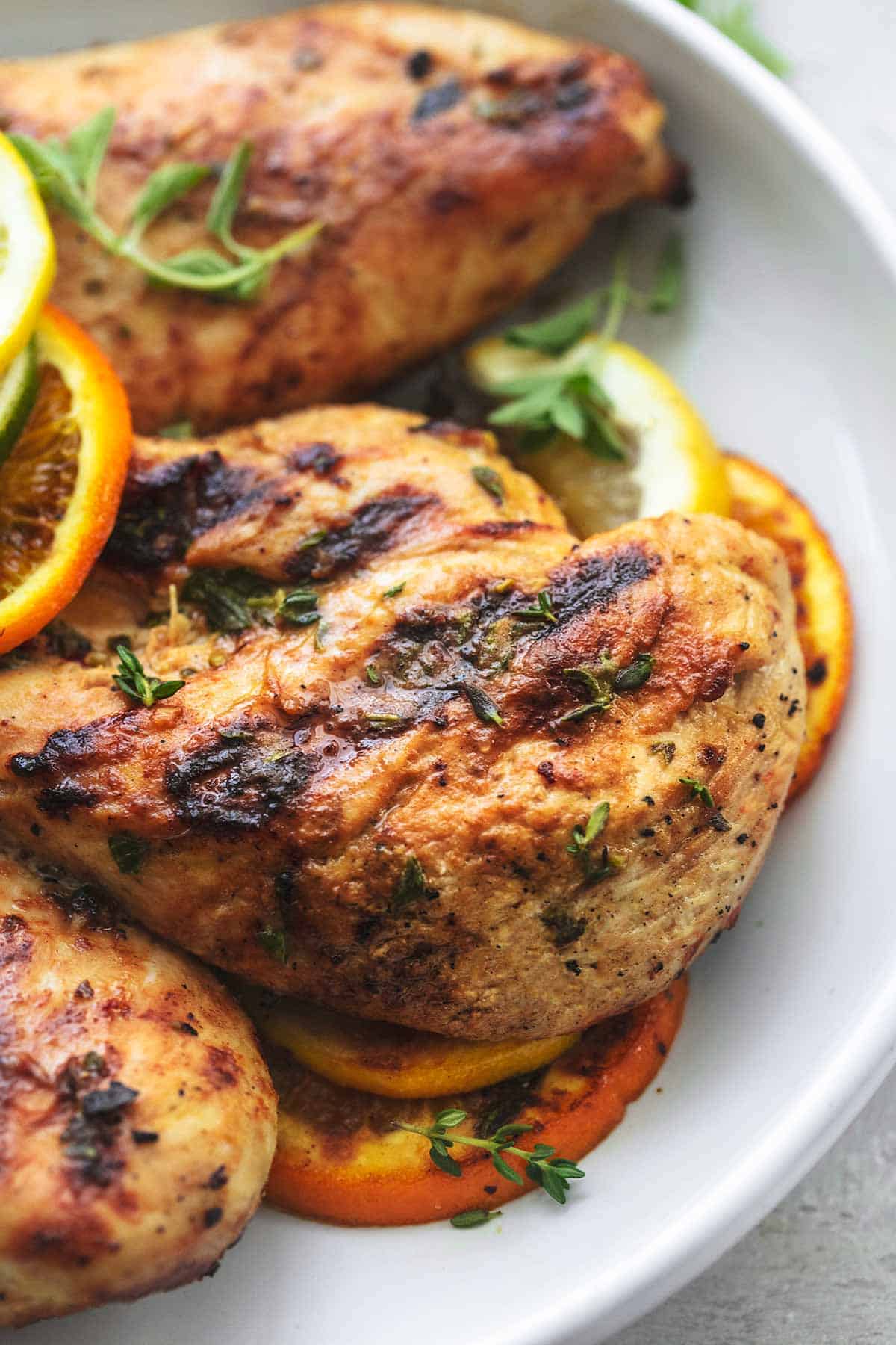up close view of grilled chicken on a white plate with lemon, lime, and orange slices