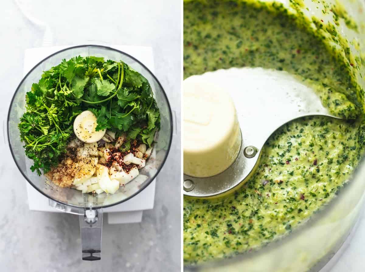 side by side images of chimichurri butter before and after blending ingredients in a food processor.