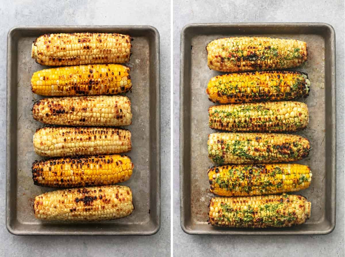 side by side overhead views of grilled corn before and after topping with butter