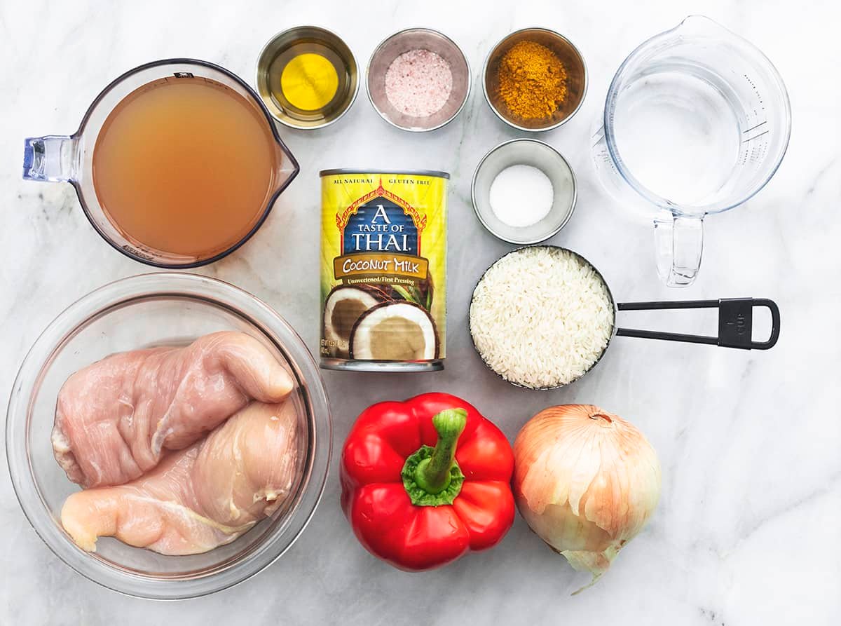 view of ingredients for curry chicken and rice