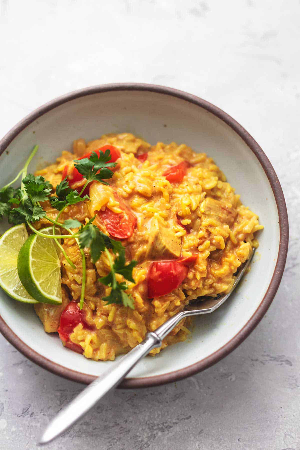 chicken curry and rice in bowl with fork