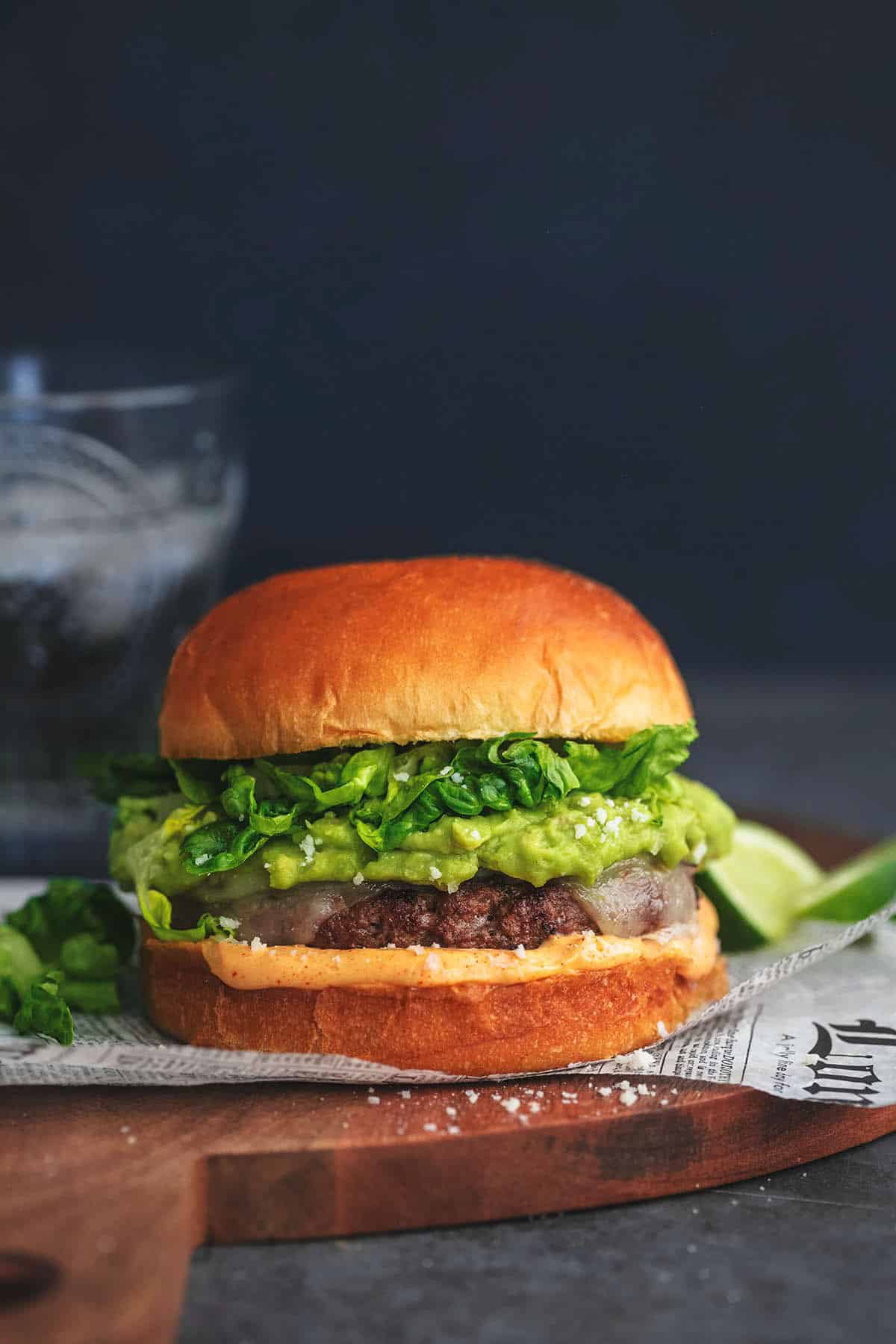 a tex-mex turkey burger on a cutting board.