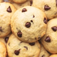 overhead pile of golden cookies with chocolate morsels