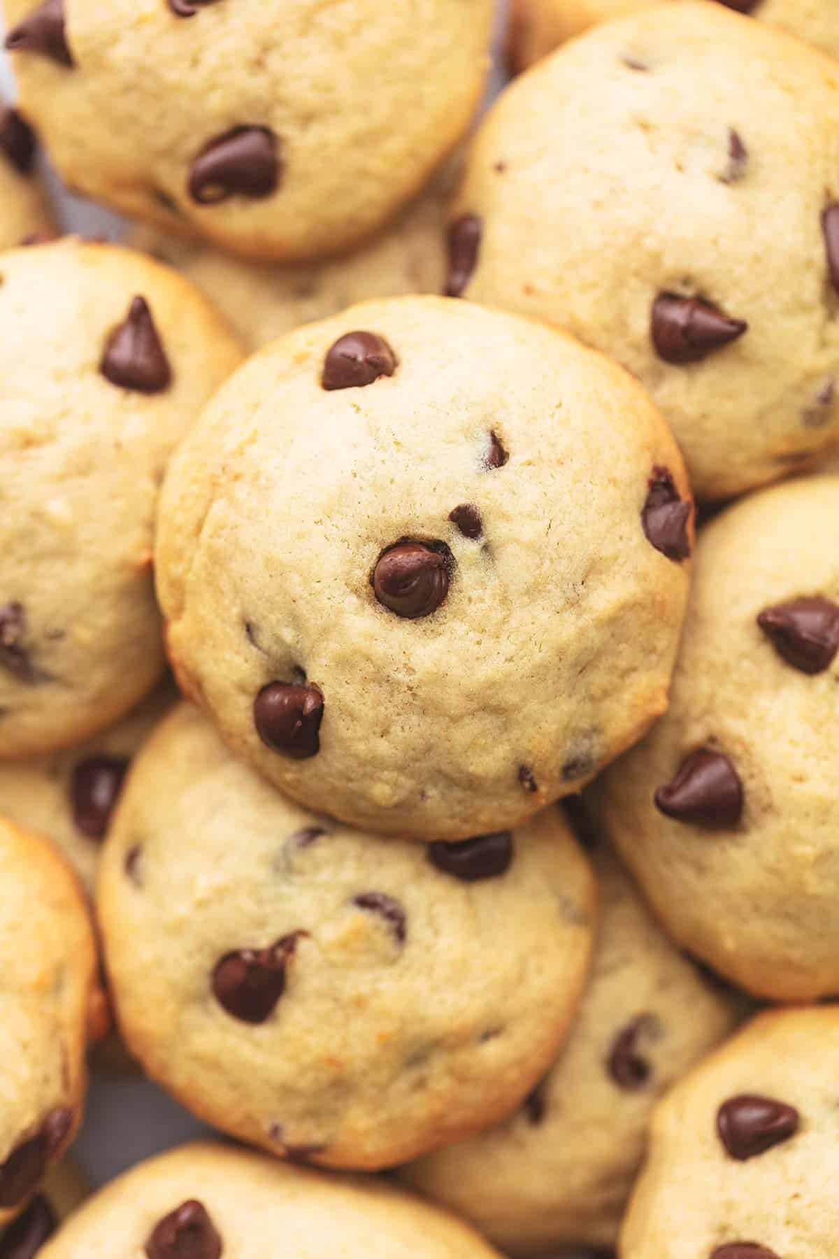 overhead pile of golden cookies with chocolate morsels