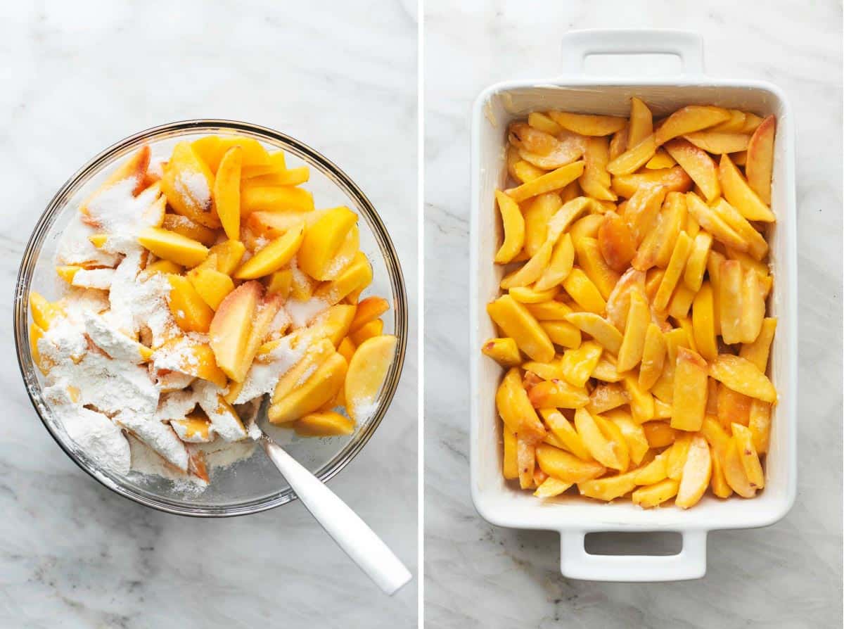 side by side images of peach slices in a glass bowl and in a baking pan.