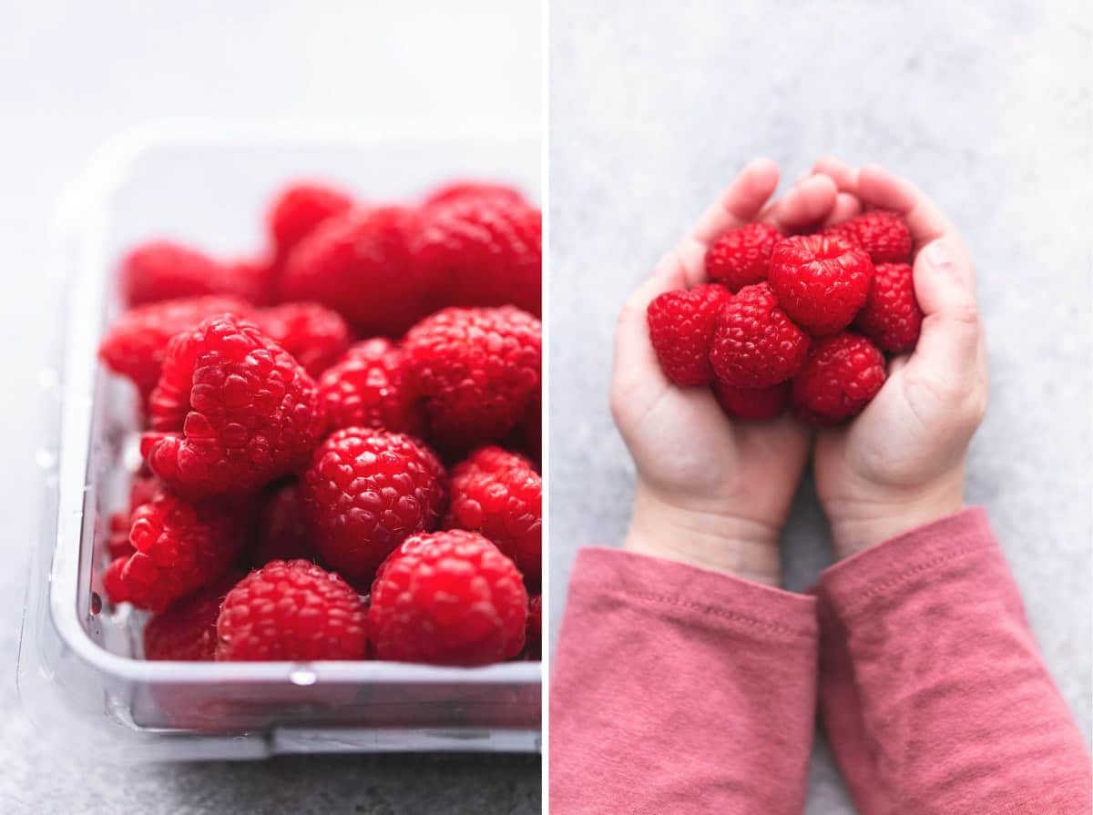 side by side images of child hands holding raspberries and raspberries in clear container