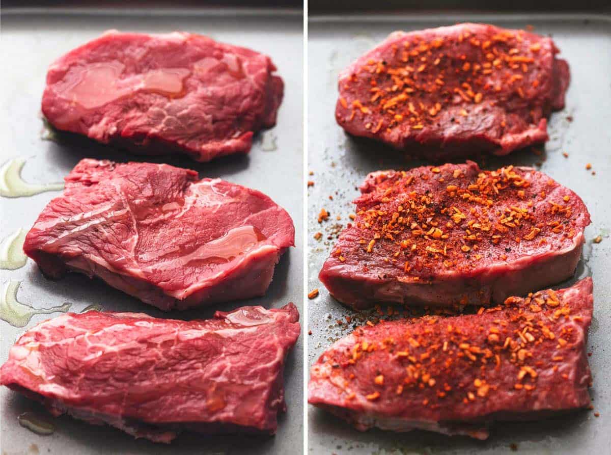 side by side images of raw steak seasoned and unseasoned on a baking sheet.