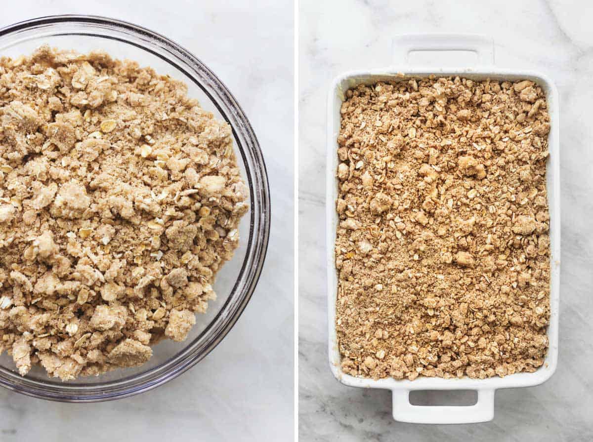 side by side images of peach crisp crumb in a bowl and peach crisp unbaked in a baking pan.