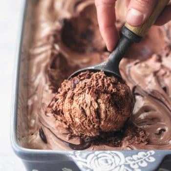 hand scooping chocolate ice cream