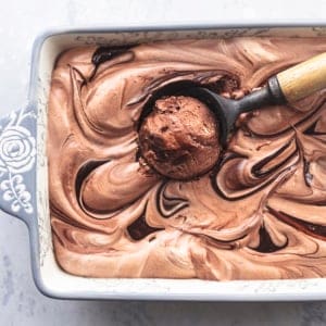 overhead chocolate ice cream in bread pan with scoop