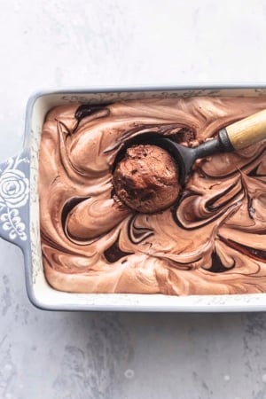 overhead chocolate ice cream in bread pan with scoop