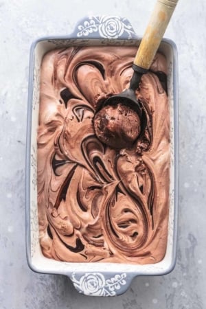 overhead view of one scoop of chocolate ice cream in bread pan