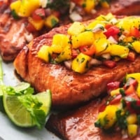 up close mango salsa on to top salmon