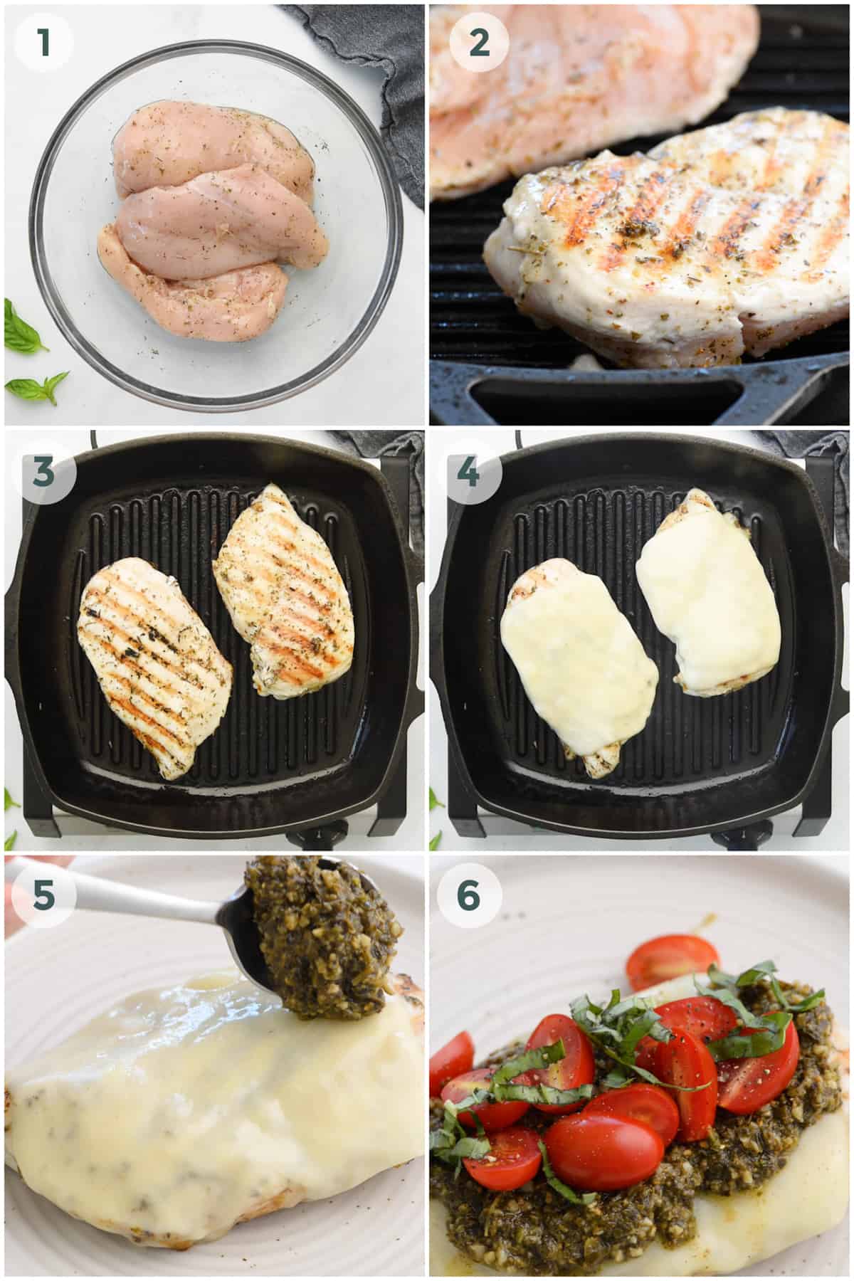 six steps of preparing chicken with pesto and tomatoes