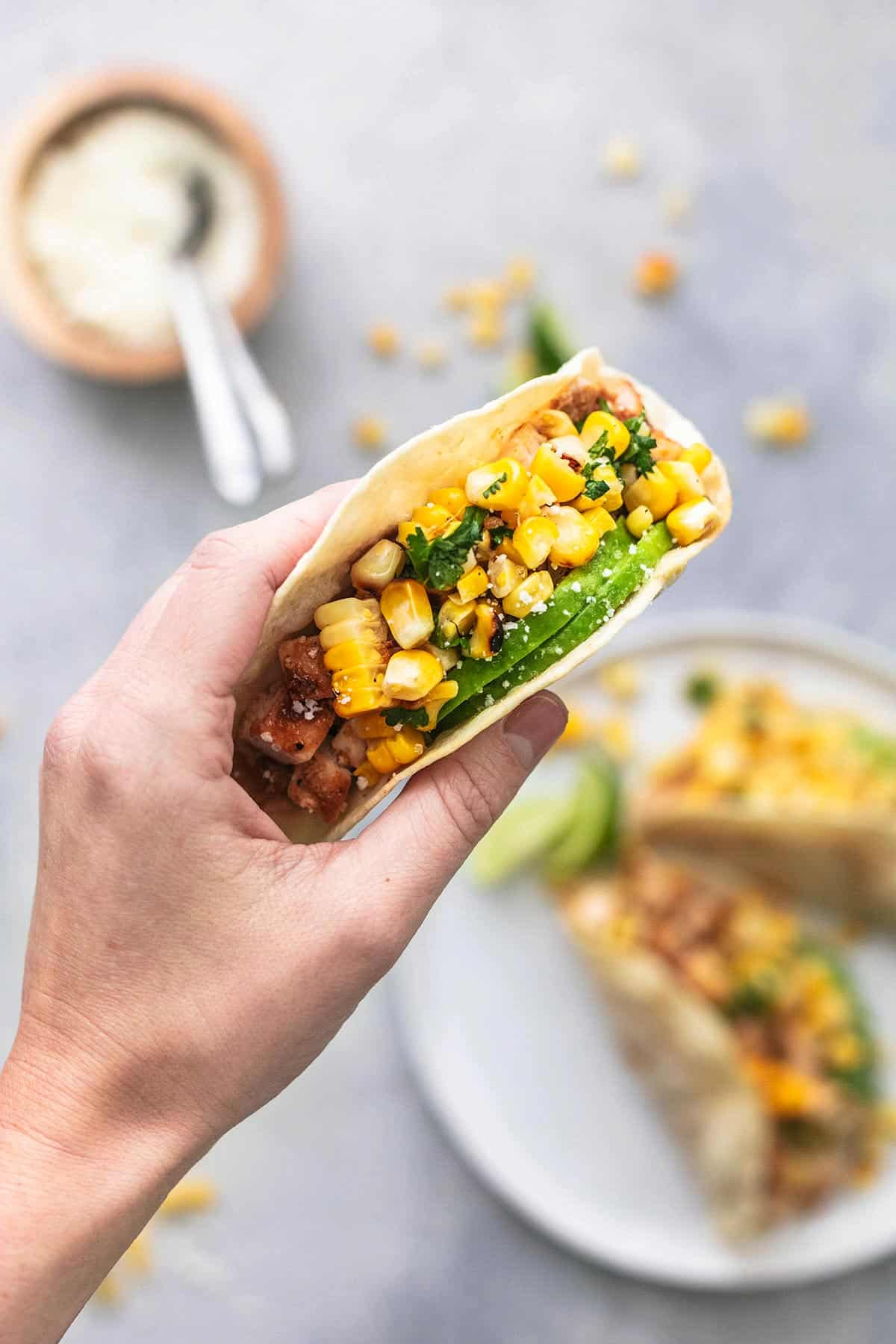 top view of a hand holding a chicken taco.