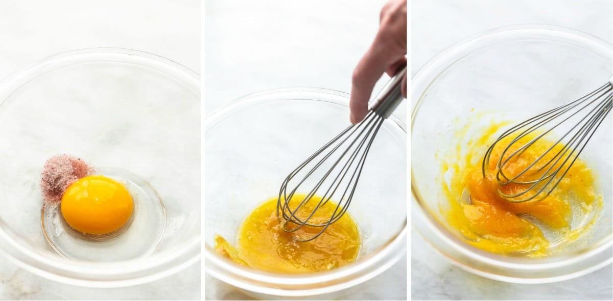 three stages of whisking egg yolks until thickened.