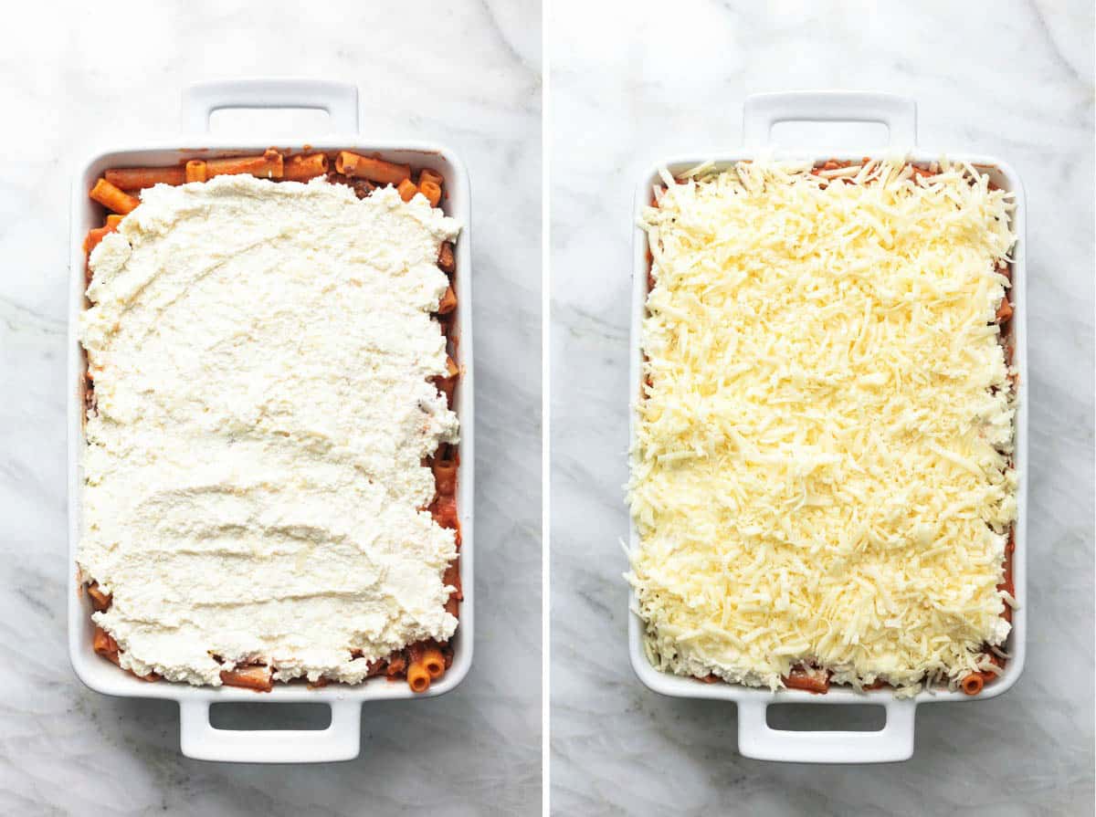 overhead view of two images showing preparation of baked pasta