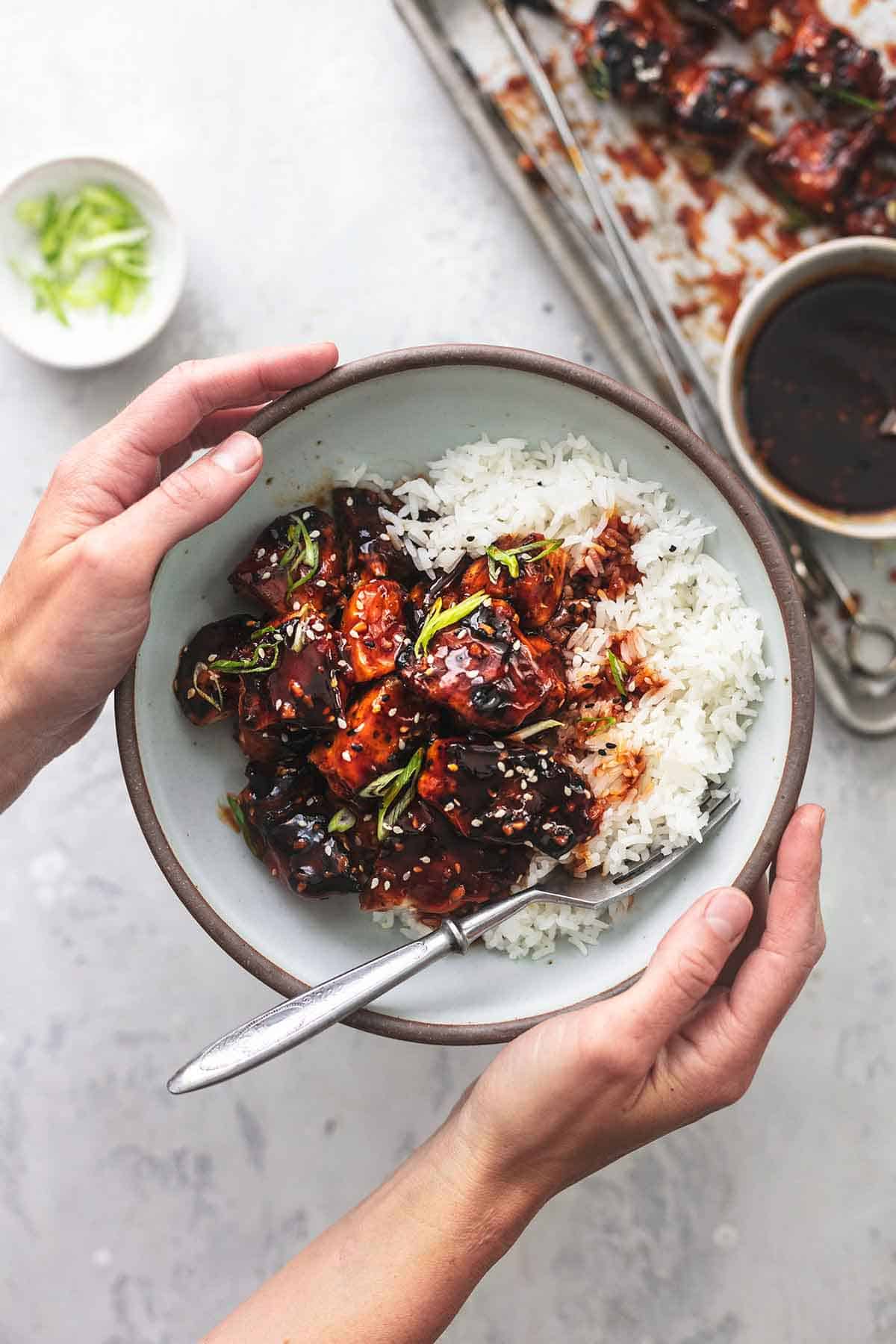 overhead hands holding bowl of rice and chicken with dark red sauce