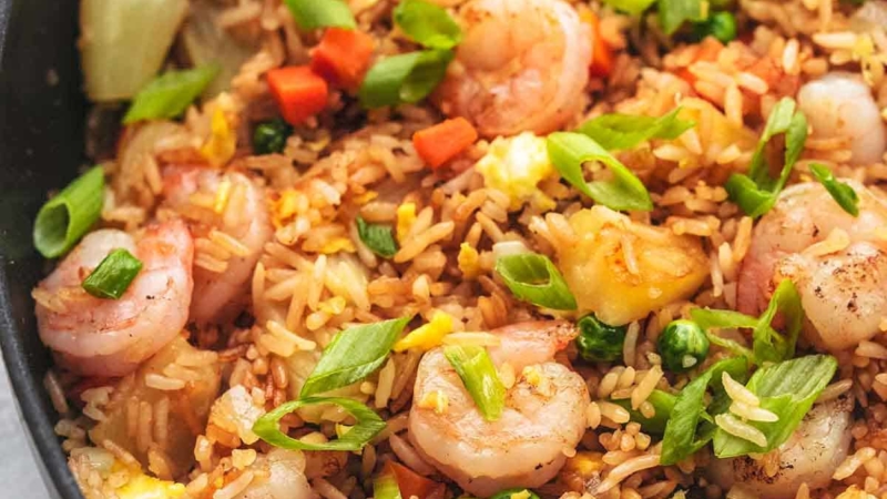 up close shrimp and pineapple fried rice